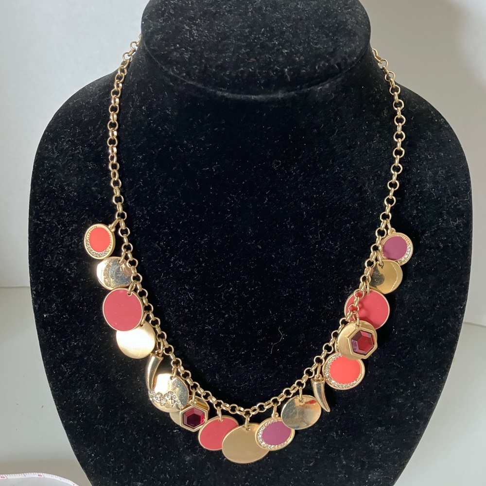 Gold Tone Necklace with Pink and Red Discs